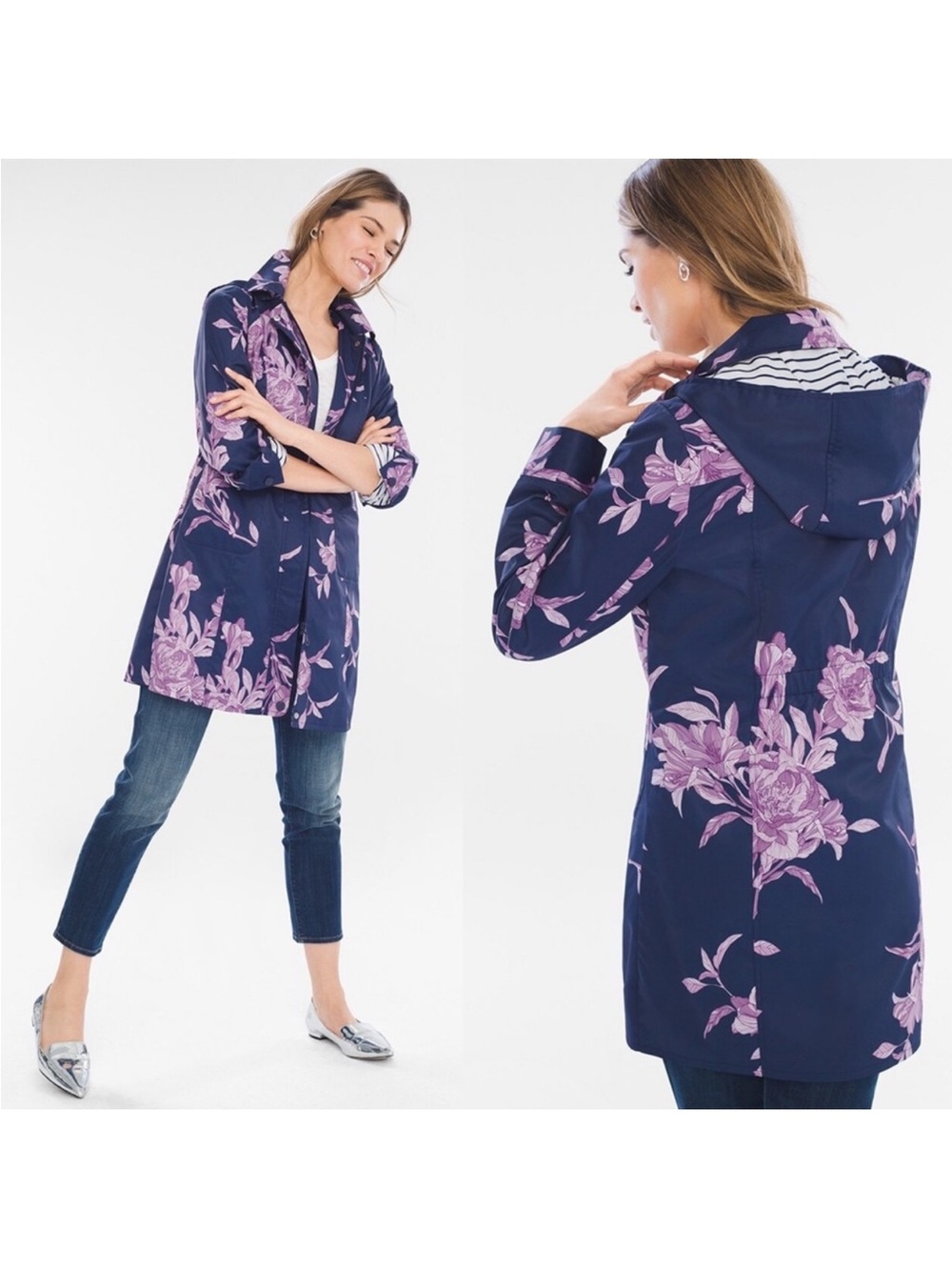Chico's Floral Striped Rain Jacket Coat Size 1 EUC - Picture 2 of 10